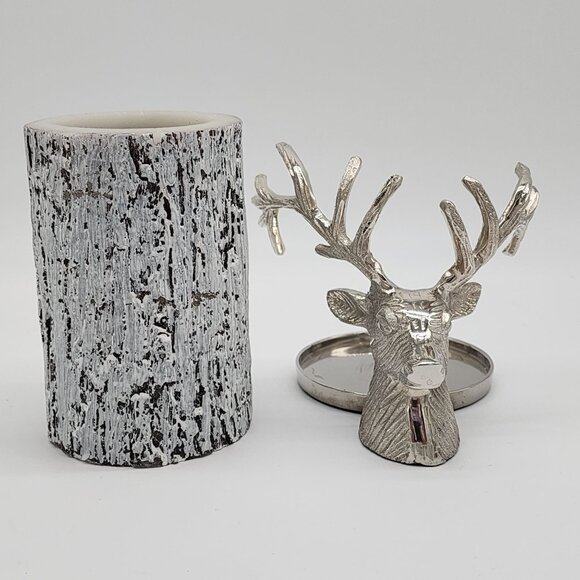 Pottery Barn Silver Reindeer Head Pilar Candle Holder With Battery Faux Log Vint - Picture 2 of 9